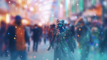 dynamic colorful portraits of blurred people celebrating carnival background, blurred carnival background, masking disguise concept