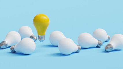 Stand out Idea of yellow light bulb surrounded with white bulbs on color background. Idea creative Concept. Copy space.3D rendered illustration