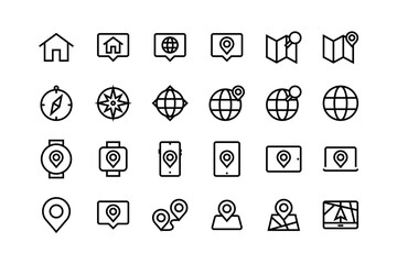 Navigation icon set, adjustable line weight location, map, route, pin, compass, destination, travel, geography icons, label, mark, marker collection vector, graphic, stroke, outline, address