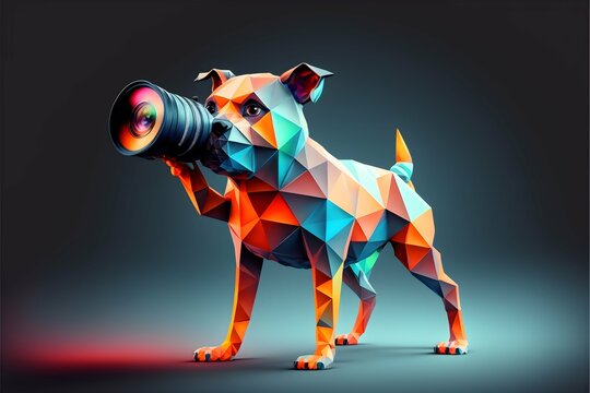 cute dog monster playing with photography camera banner logo attractive female model posing light stand flashing camera taking pictures female model posing light and fun colors wide design low poly 