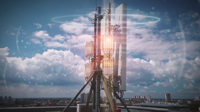 Telecom antenna base station on rooftop. Animation of 4G, 5G radio waves radiation. Wireless pollution concept in urban cityscape