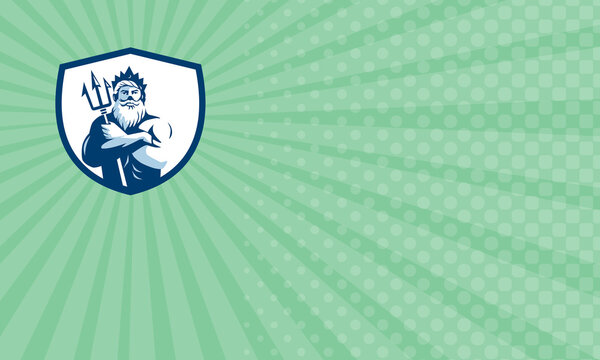 Business card showing Illustration of triton mythological god arms crossed holding trident viewed from front set inside shield crest on isolated background done in retro style.