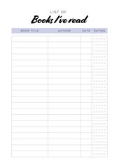 List of books I've read. Printable reading log page A4. 