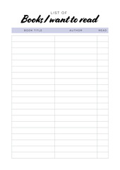 List of books I want to read. Printable planner page A4.