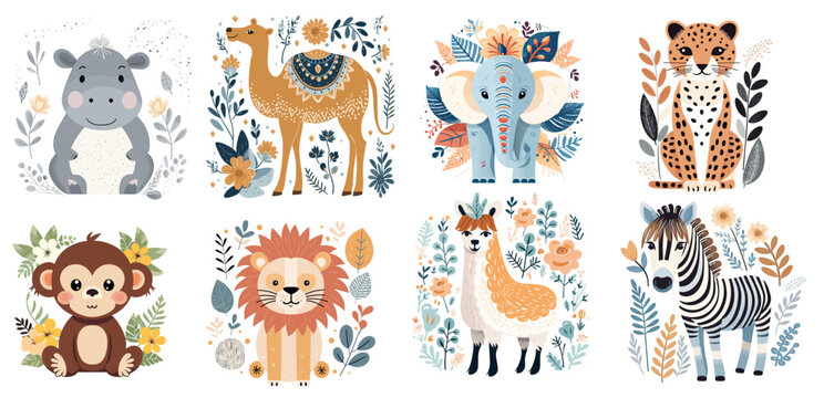 Cute childish animals Zebra, Monkey, Lion, Llama, leopard, Elephant, Camel, Hippo, row in Scandinavian style. Vector illustration