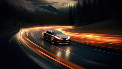 Fototapeta premium futuristic electric sports car light trails at night on a dark mountain road. dynamic transportation motion concept. black and orange