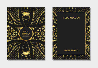 Cover set, vertical templates. Abstract embossed geometric background with 3D pattern, golden texture, space for text. Tribal heritage of the peoples of the East, Asia, India, Mexico, Aztec, Peru.