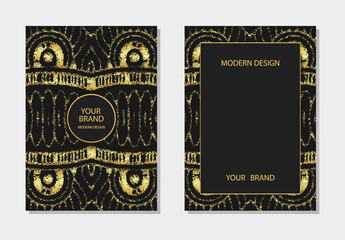 Cover set, vertical templates. Vintage embossed geometric background with 3D pattern, gold texture, space for text. Tribal heritage of the peoples of the East, Asia, India, Mexico, Aztec, Peru.