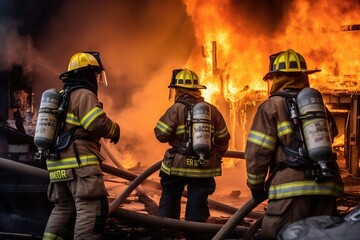 Firefighters fighting a fire in the burning of a building 