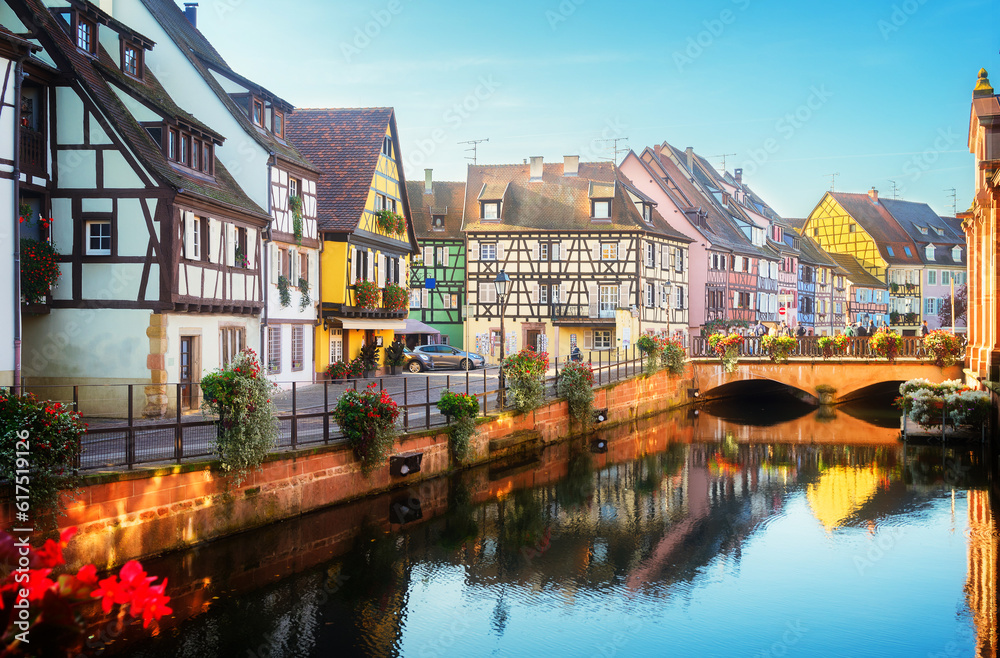 Wall mural canal of colmar, most famous town of alsace, france, toned