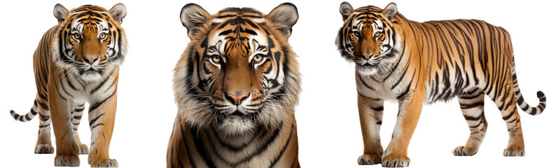 Obraz na płótnie Canvas Collection of three bengal tiger, animal bundle isolated on white background as transparent PNG, generative AI