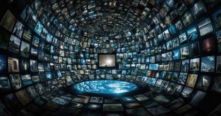 large multimedia screen video wall with many monitors, concept of overwhelming media input information overload in a digital world