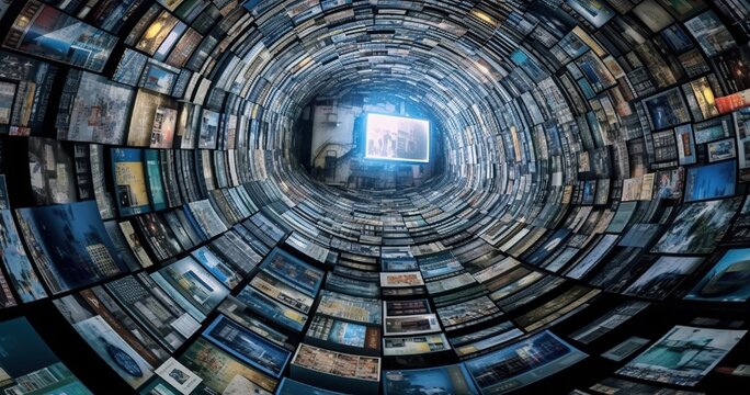 large multimedia screen video wall with many monitors, concept of overwhelming media input information overload in a digital world