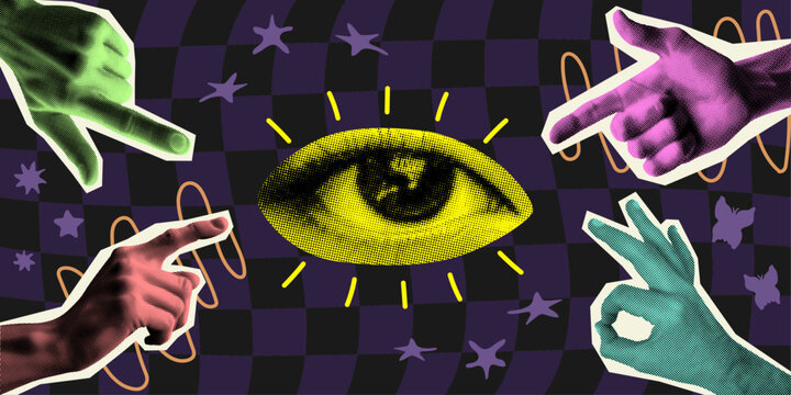 hands and eye isolated set collage elements for mixed media design in halftone texture vintage dotted pop art style retro grunge punk crazy templates