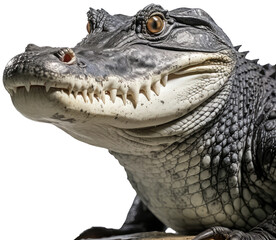 Fototapeta premium Closeup portrait of a crocodile head isolated on white background as transparent PNG, animal