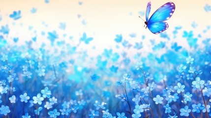 Obraz premium Butterflies flutter over meadow of blooming forget-me-not flowers. (Illustration, Generative AI)