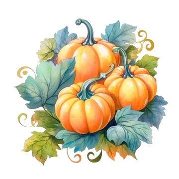A painting of pumpkins and leaves using watercolors. (Illustration, Generative AI)