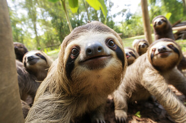 Naklejka premium Sloth taking a selfie photo with a group sloths in the forest. Generative AI.