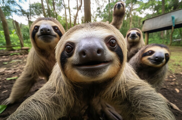 Naklejka premium Sloth taking a selfie photo with a group sloths in the forest. Generative AI.