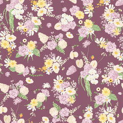 Obraz premium Vector Seamless Floral Bouquets Pattern on Purple Background