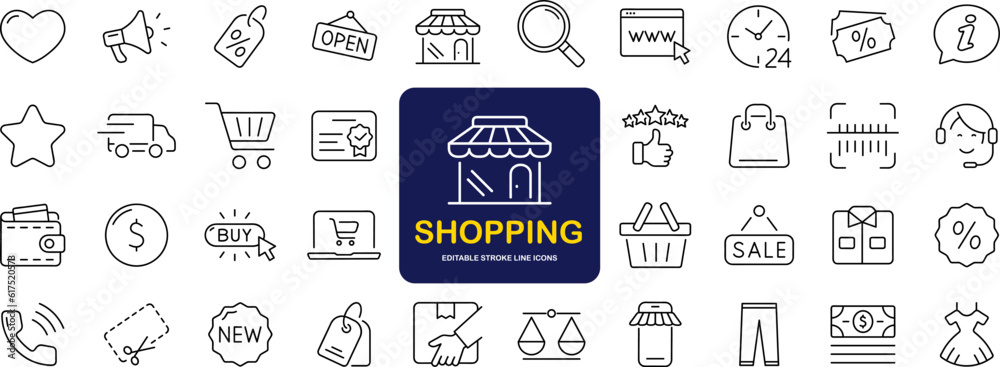 Aufkleber E-commerce and shopping set of web icons in line style. Shop icons for web and mobile app. Black Friday. Sale discount, mobile shop, digital marketing, delivery, bank card, gifts. Vector illustration