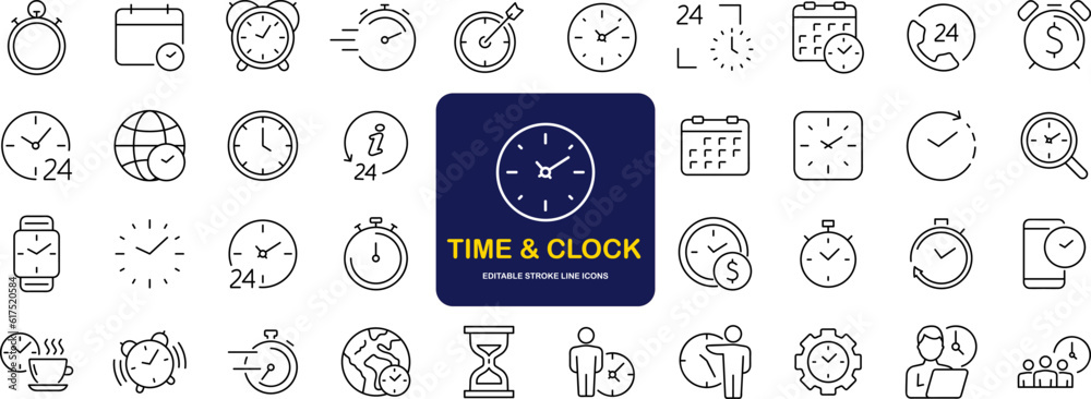 Fototapete Time and Clock set of web icons in line style. Time management. Timer, Speed, Date, Countdown, Alarm, Recovery, Time, clock, watch, calendar simple icons for web and mobile app. Vector illustration