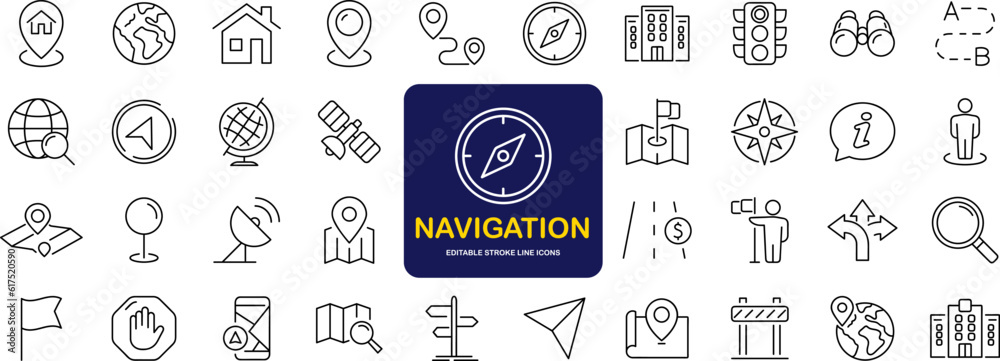 Poster navigation and location set of web icons in line style. map location and navigation icons for web an