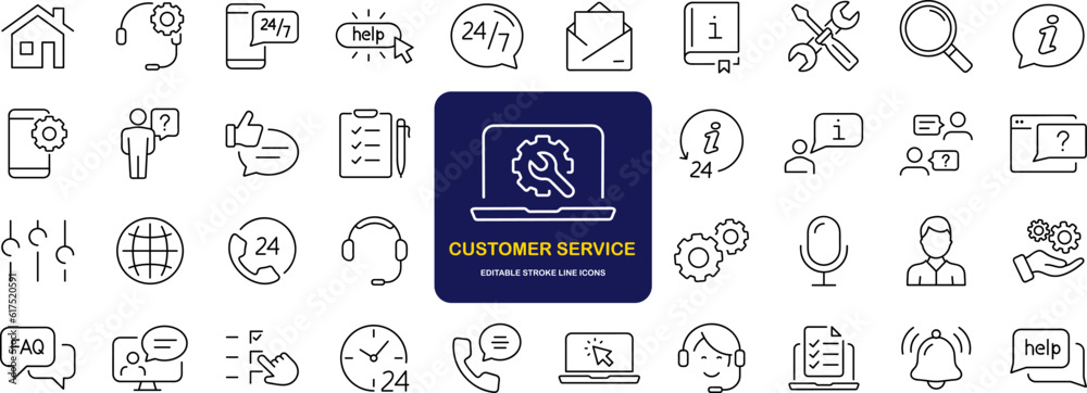 Poster customer service set of web icons in line style. help and support. support and service icons for web