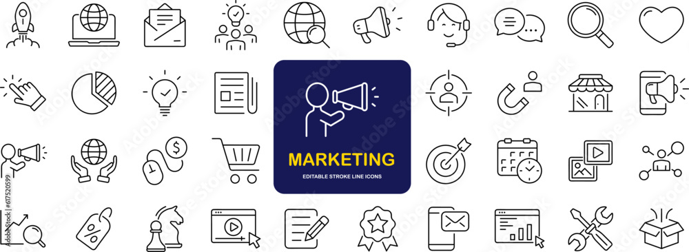 Poster Digital Marketing set of web icons in line style. Marketing icons for web and mobile app. Sales, e-commerce, SEO, business, feedback, analytics, ads, communication, content. Vector illustration