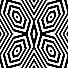 Black diamonds and lines on white background. Repeating hexagons and stripes abstract wallpaper. Seamless symmetric geometric surface pattern design. Digital paper for web design. Vector illustration