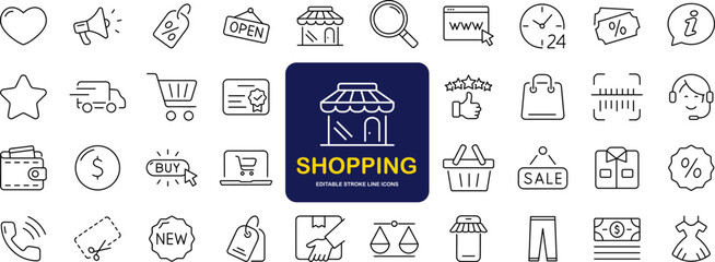 E-commerce and shopping set of web icons in line style. Shop icons for web and mobile app. Black Friday. Sale discount, mobile shop, digital marketing, delivery, bank card, gifts. Vector illustration