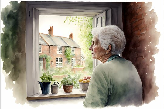 elderly woman looking out kitchen window at neighbourhood houses thoughtful brick houses hedgerows wide angle long view no depth of field hyper detailed watercolour 