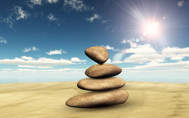 3D render of balancing pebbles on sand against a sunny sky