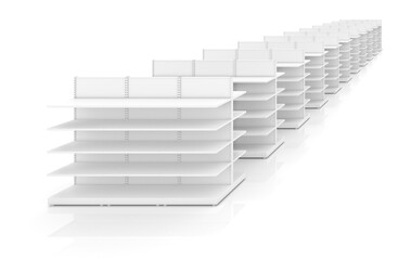 Shelves in store or shop. Isolated on white. 3D rendering