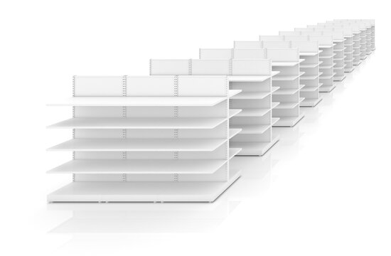 Shelves in store or shop. Isolated on white. 3D rendering