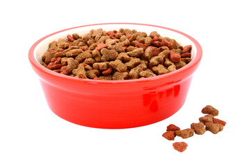 Dry cat food in a red bowl, some biscuits spilled beside, isolated on a white background