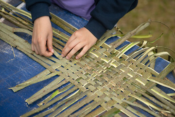 Weaving a basket from the bark of a tree.Folk traditions of making things for the house. A pattern...