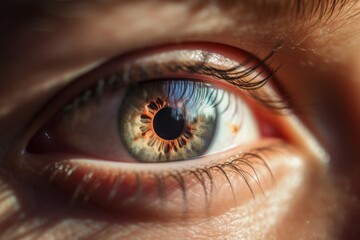 Naklejka premium close up of a female eye, Digital Intrigue: A Captivating Close-Up Photograph of a White Hacking Symbol in Front of a Human Eye, Illuminating the Intersection of Technology and Identity