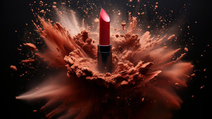 designer lipstick, a strong red dust explosion, on a background