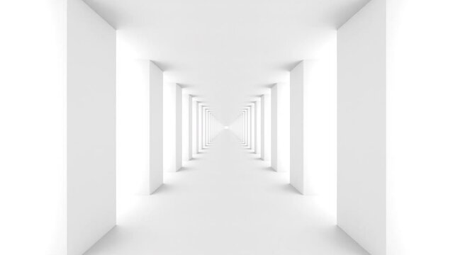 Futuristic empty white corridor with rectangular walls and bright light. Seamless looping animation	