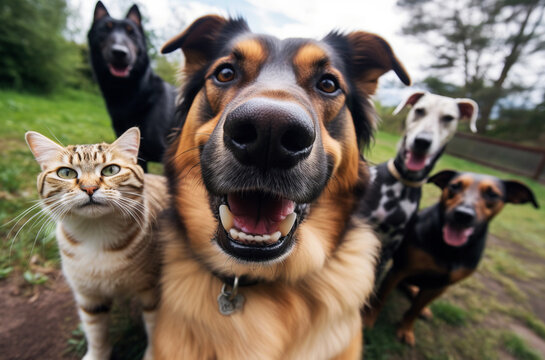 Dog taking a selfie photo with a group of cats and dogs in the background. Generative AI.