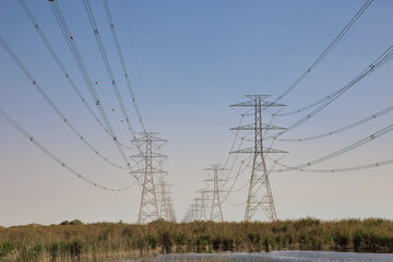 High Power Electric transmission grid lines in the desert.Dammam -Saudi Arabia.