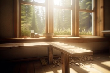 Fototapeta premium cozy wooden bench in front of a window with a view