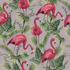 Seamless pattern with flamingos and tropical tress. Vector.