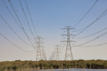 High Power Electric transmission grid lines in the desert.Dammam -Saudi Arabia.