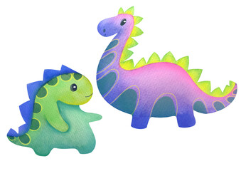 Hand-painted watercolor cute multicolored dinosaurs isolated on transparent background. set illustrations for childish books and encyclopedias about Mesozoic era, Jurassic, Cretaceous periods