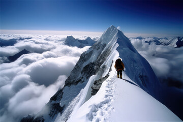 A climbing expedition on Mount Everest pauses to take in the breathtaking view of the surrounding peaks