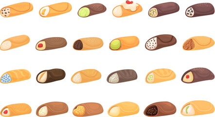 Cannoli icons set cartoon vector. Cream food. Cake cheese - obrazy, fototapety, plakaty