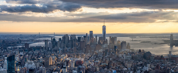 Lower Manhattan skyline panorama at sunset, New York City, USA