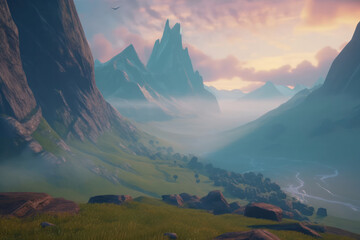 A hyperrealistic capture of a peaceful mountain landscape at dawn, with misty valleys and a colorful sky, inspiring a sense of peace and awe, in hyperrealistic 8k detail